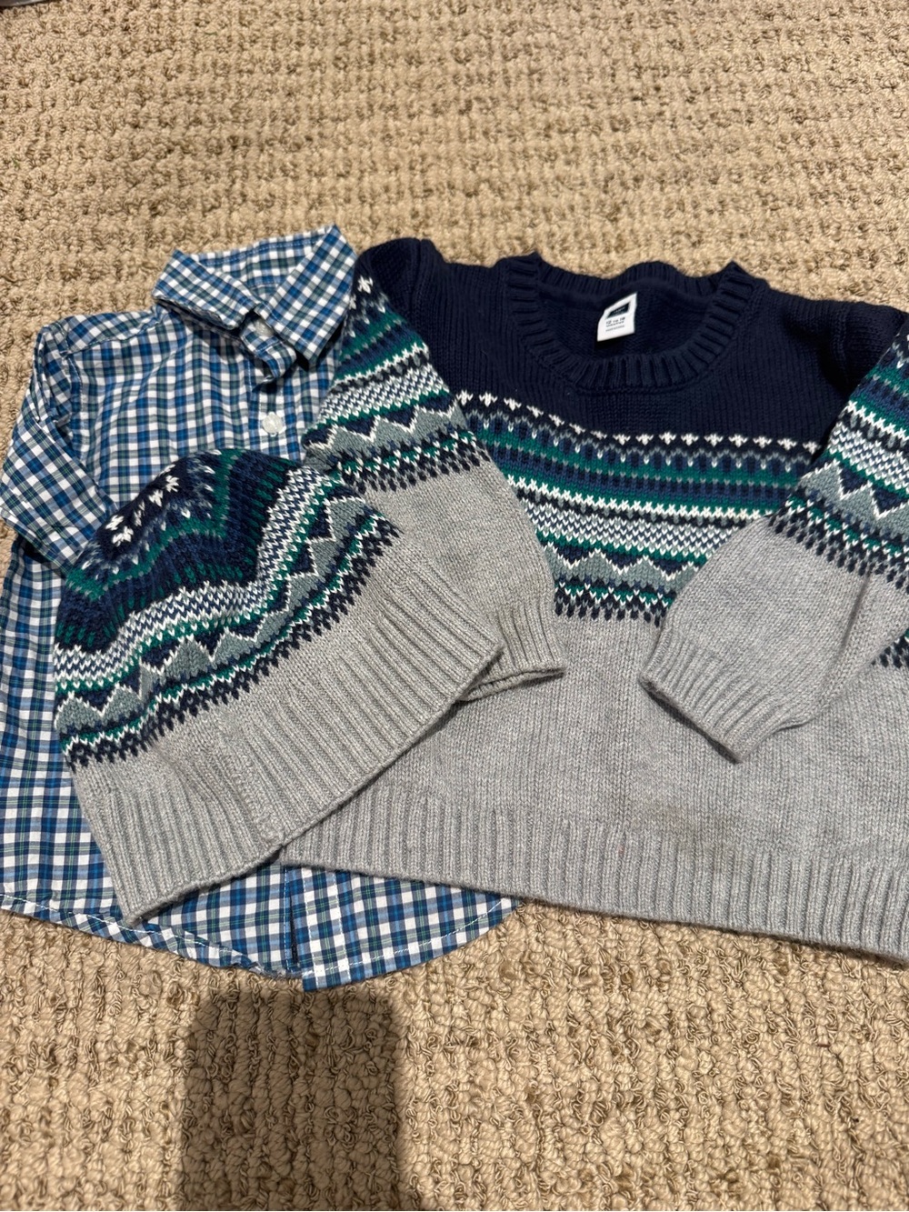 Janie and Jack 12-18 Fair Isle Knit Sweater and matching collared shirt and hat